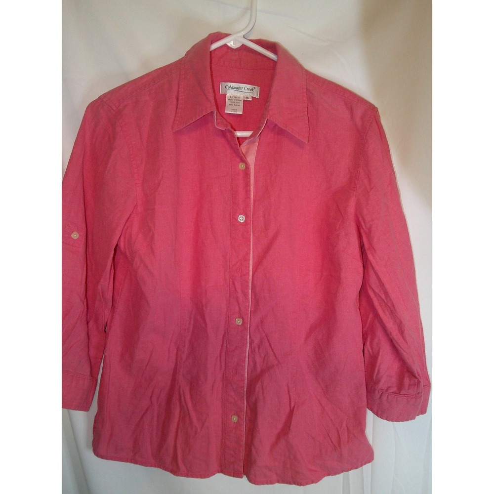 Coldwater‎ Creek Linen Blend Button Down Shirt Roll Tab Sleeves Pink S